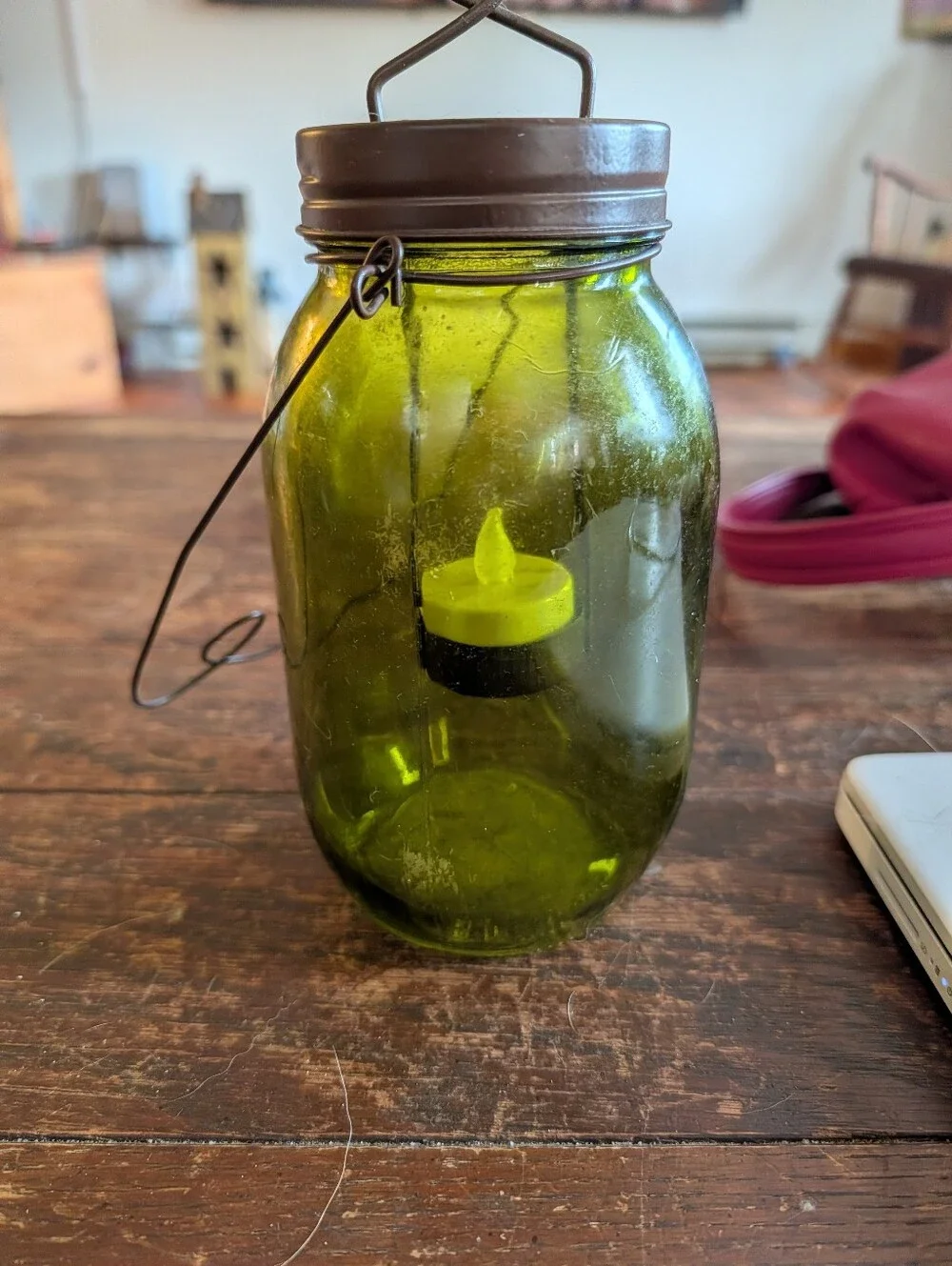 Green Glass Mason Jar Lantern with Brown Metal Lid - Unbranded
